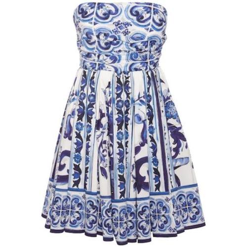 돌체앤가바나 원피스 프린트 포플린 민소매 미니 드레스 Blue/White